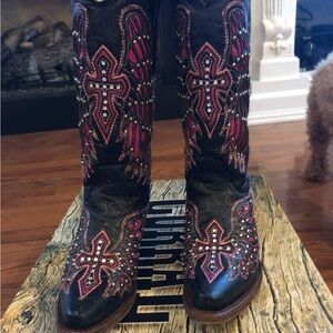 Corral Black and Pink Embroidered Heeled Boots